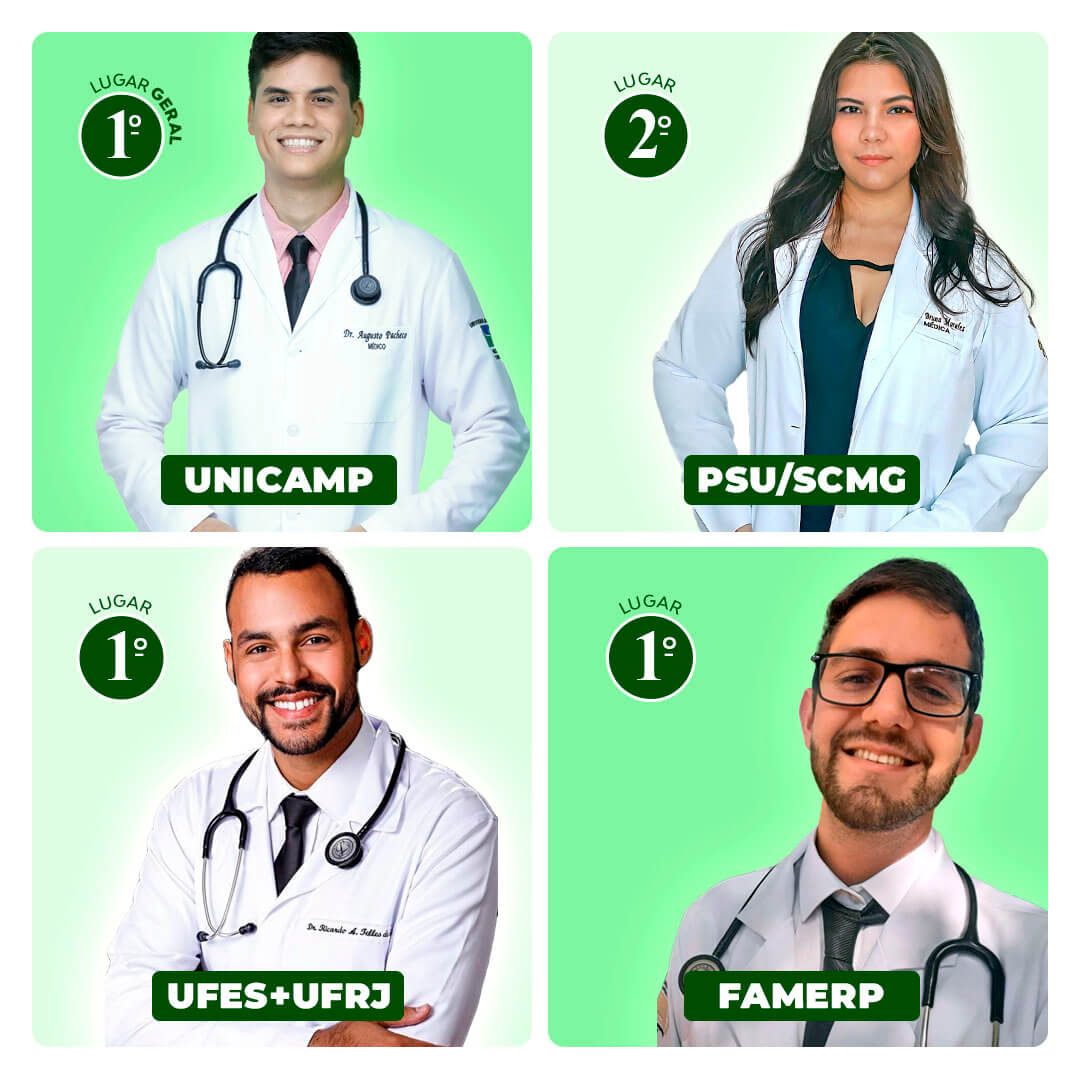 Imagem com quatro estudantes aprovados nas provas de R1 do ano de 2022. Um deles é o Doutor Augusto, primeiro lugar geral nas provas da UNICAMP. 